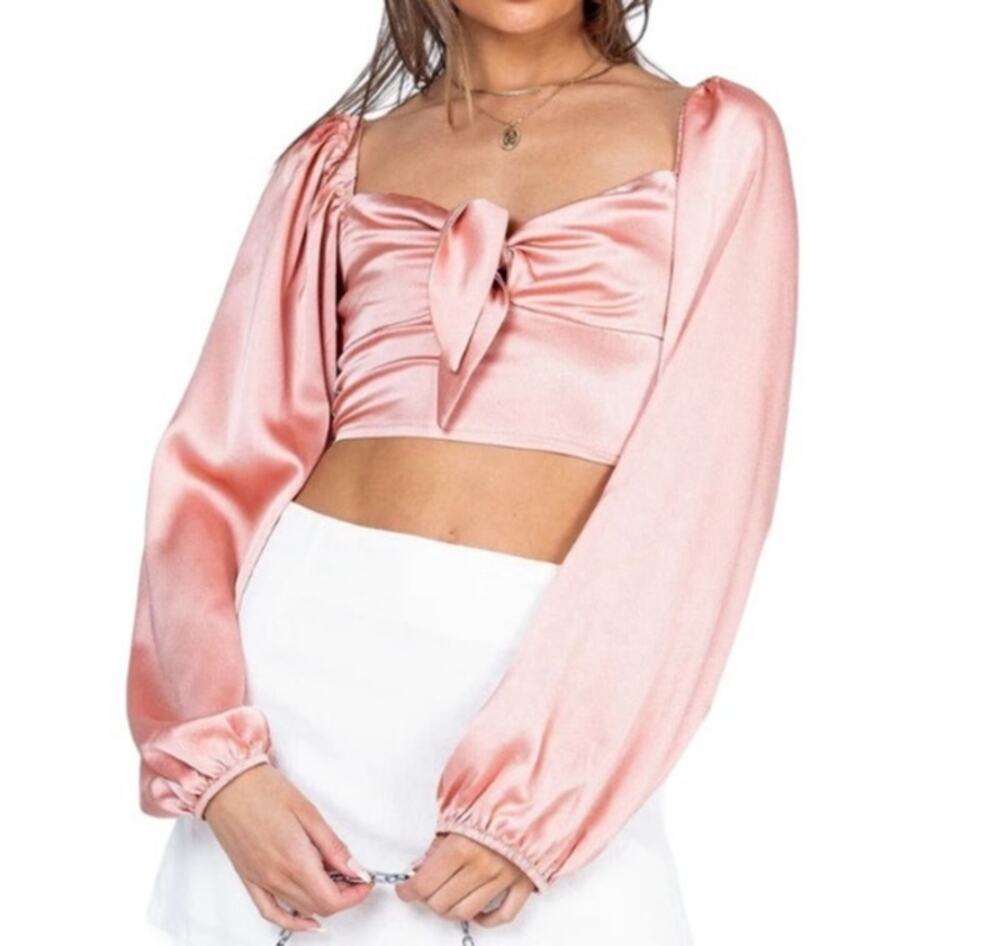 Princess Polly Cropped Long Sleeve Estee Top in Light Pink Satin Size 4